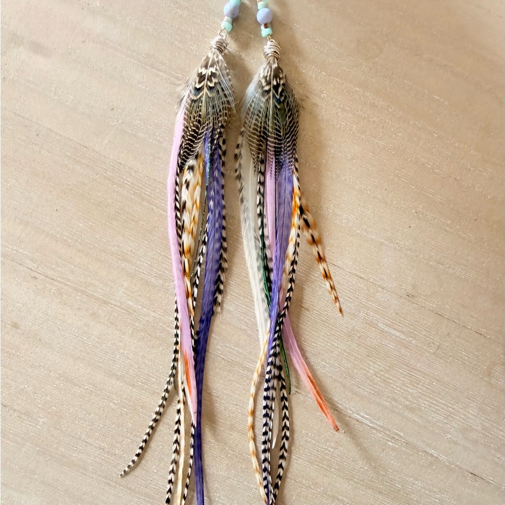 Bohemian Feather Drop Earrings - Pastel Pink & Purple